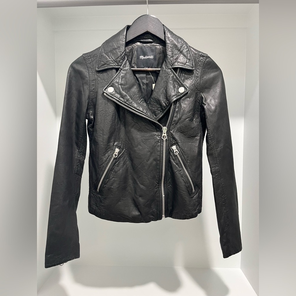 Madewell The Washed Leather Motorcycle Jacket in true black buttery soft XXS NEW - Picture 6 of 17